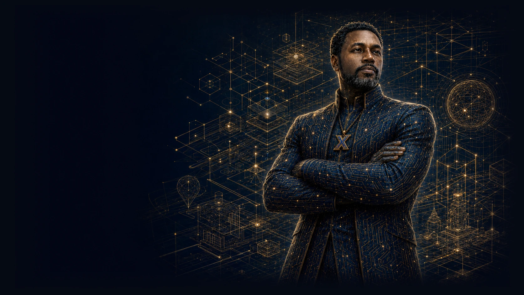 Xavier D. Moore composing an architecture of intelligence — models, tools, and pipelines rendered as a lattice of gold and sapphire light