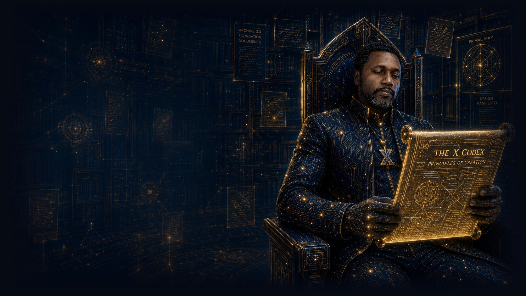 Xavier D. Moore as the scholar — poring over an illuminated doctrine, principles rendered as lines of gold and sapphire light