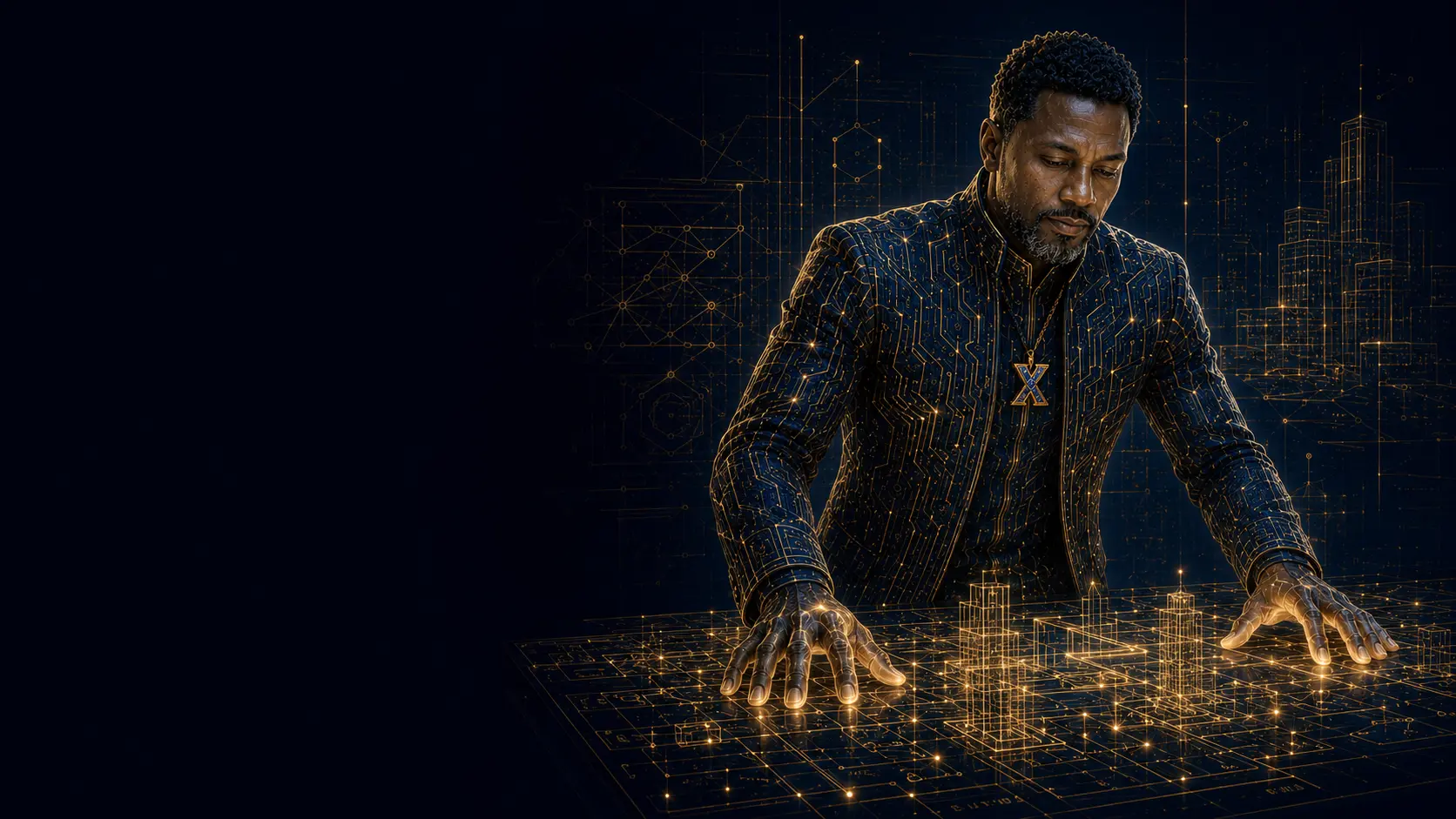 Xavier D. Moore standing over a luminous architectural grid, working through a city of systems rendered in gold light